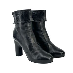 Veronique Branquinho Black Foldover Sock Block Heel Leather Ankle Boots Booties